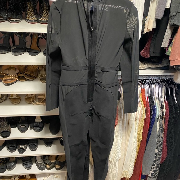 Black Mock Neck Sheer Mesh Long Sleeve Jumpsuit, HMS, Size Large. - Picture 7 of 12